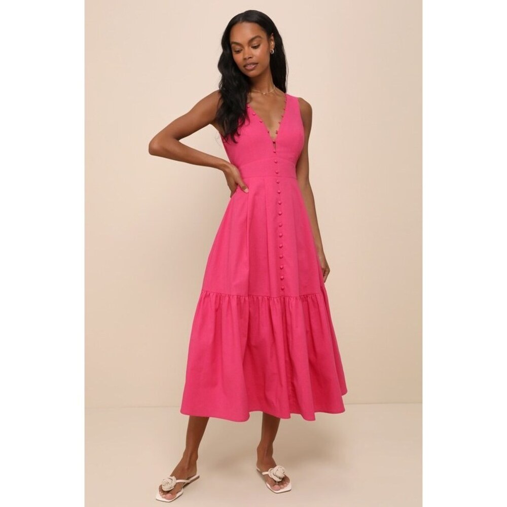 Lulus Blissful Afternoon Hot Pink Linen Tie-back Midi Dress - Size XL